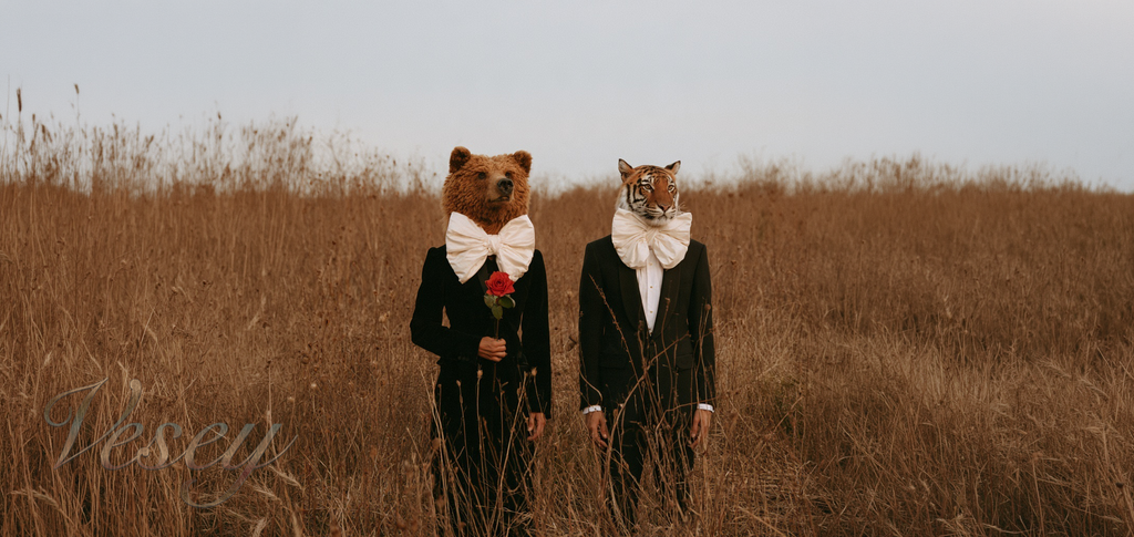 AI generated Image of a bear and a tiger wearing giant white bow ties in a field