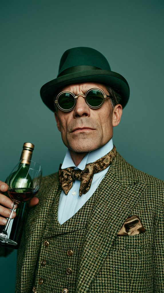 AI generated image of a man wearing a bow tie holding a wine bottle and wine glass