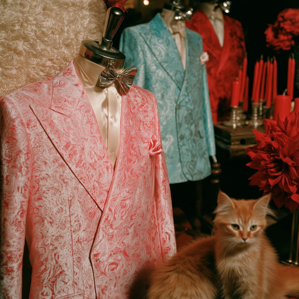 AI generated suits n metal mannequin busts in pink, cyan and red with metal bow ties. Orange kitten sitting on table beside the suits.